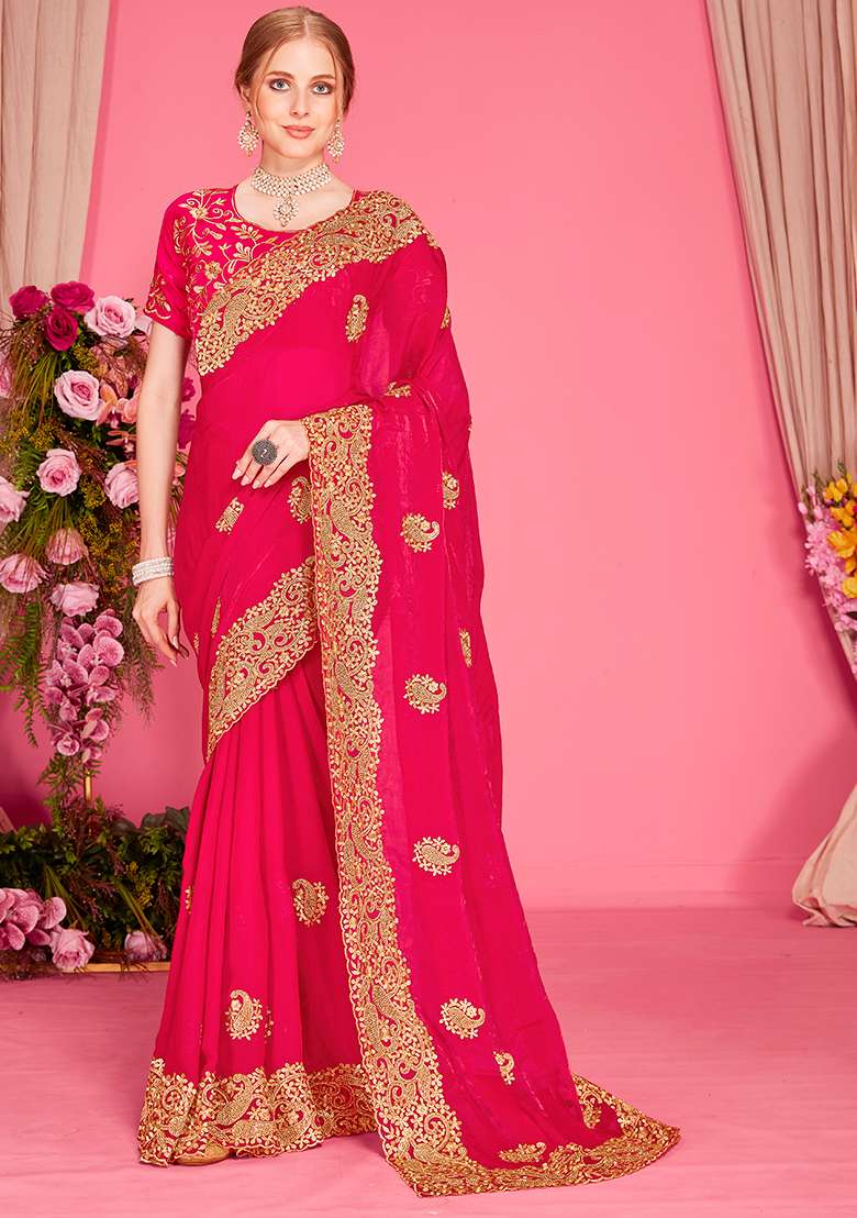 Rani Embroidery Work Silk Blend Saree Set - Indya