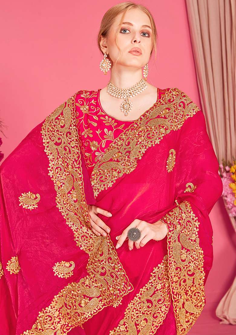 Rani Embroidery Work Silk Blend Saree Set - Indya