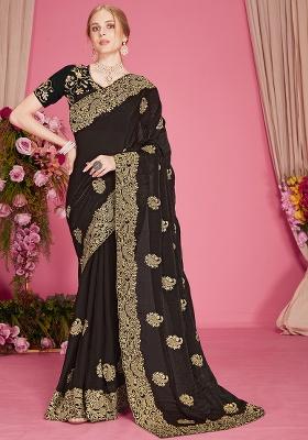Black Embroidery Work Silk Saree Set