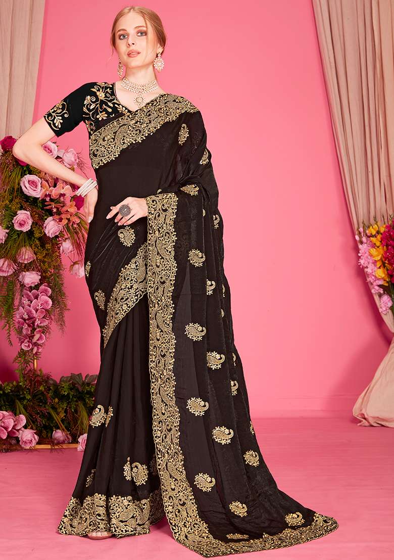 Black Embroidery Work Silk Blend Saree Set - Indya