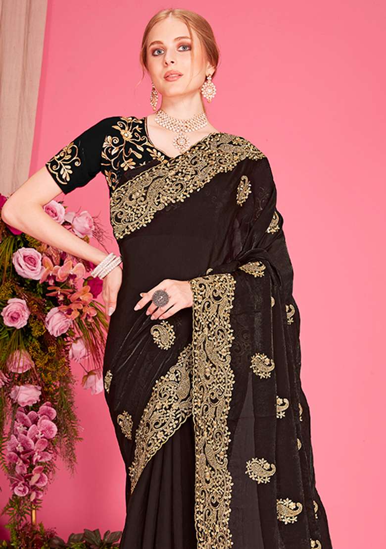 Black Embroidery Work Silk Blend Saree Set - Indya
