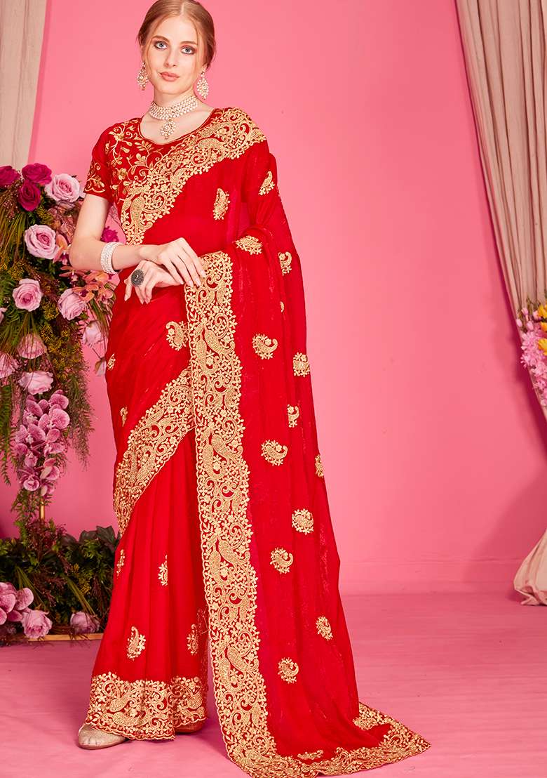 Red Embroidery Work Silk Blend Saree Set - Indya