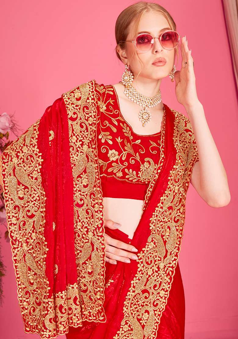 Red Embroidery Work Silk Blend Saree Set - Indya