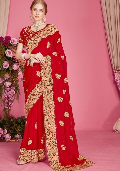 Red Embroidery Work Silk Blend Saree Set