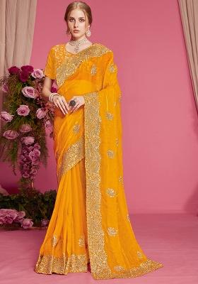 Mustard Embroidery Work Silk Saree Set
