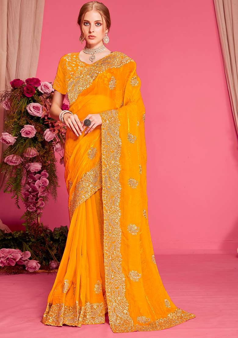 Mustard Embroidery Work Silk Blend Saree Set - Indya