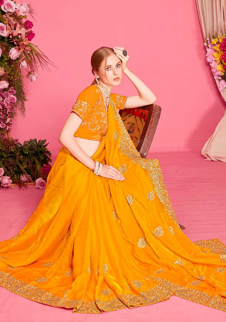 Mustard Embroidery Work Silk Blend Saree Set - Indya