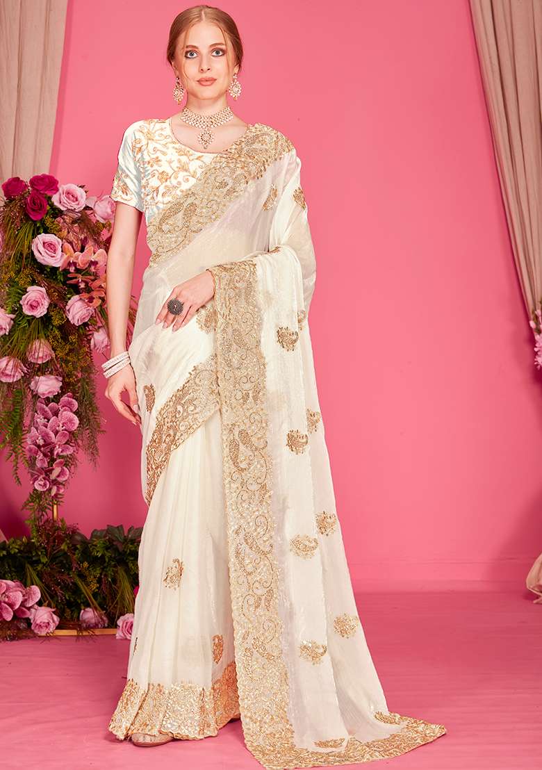 White Embroidery Work Silk Blend Saree Set - Indya