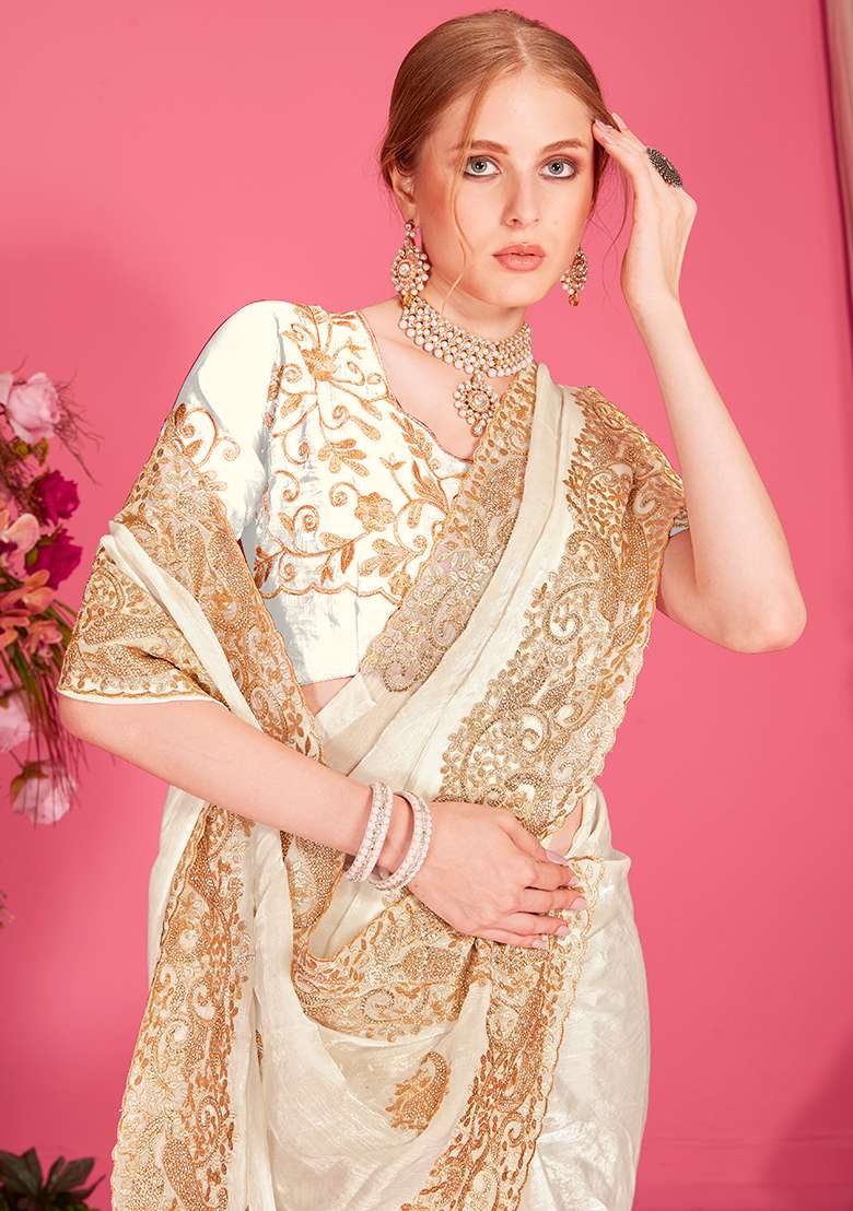 White Embroidery Work Silk Blend Saree Set - Indya