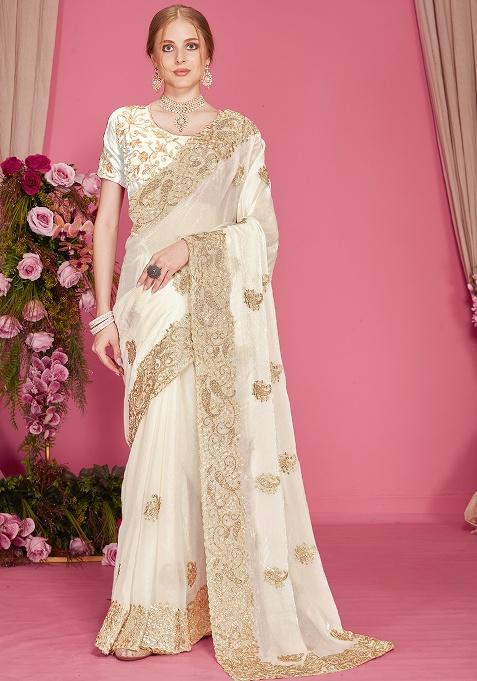 White Embroidery Work Silk Saree Set