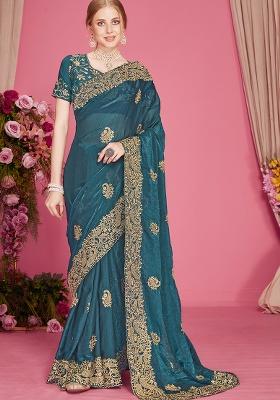 Blue Embroidery Work Silk Saree Set