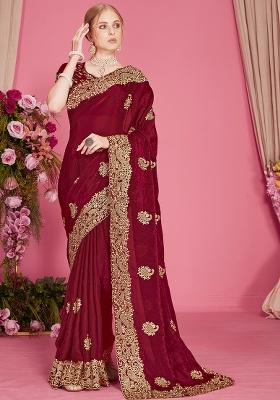 Maroon Embroidery Work Silk Saree Set