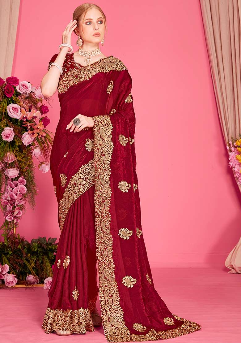 Maroon Embroidery Work Silk Blend Saree Set - Indya