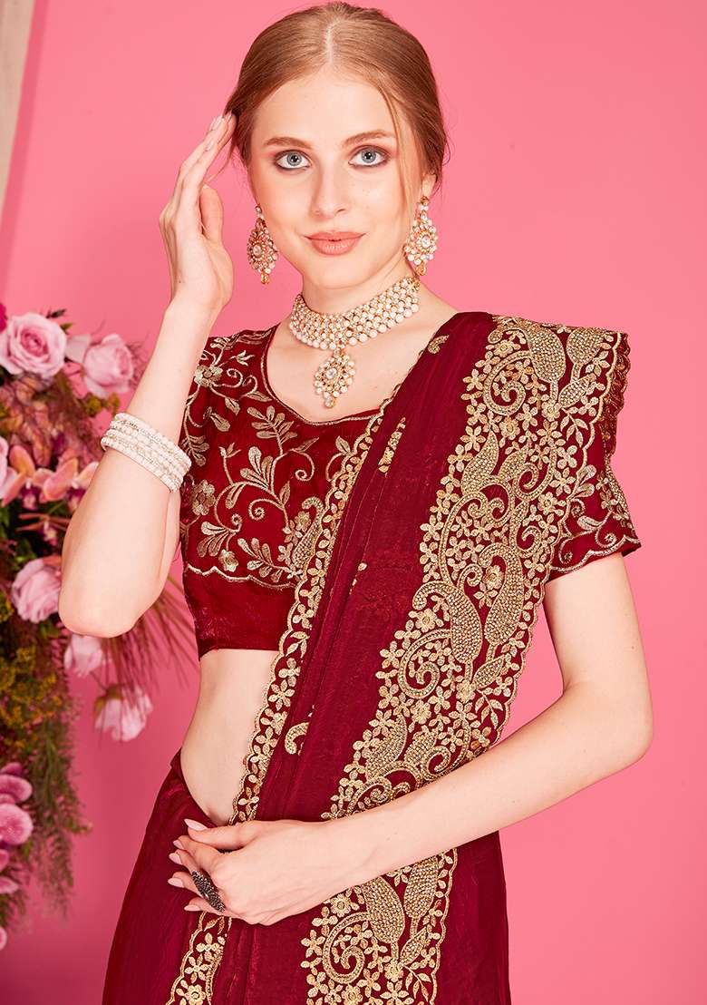 Maroon Embroidery Work Silk Blend Saree Set - Indya