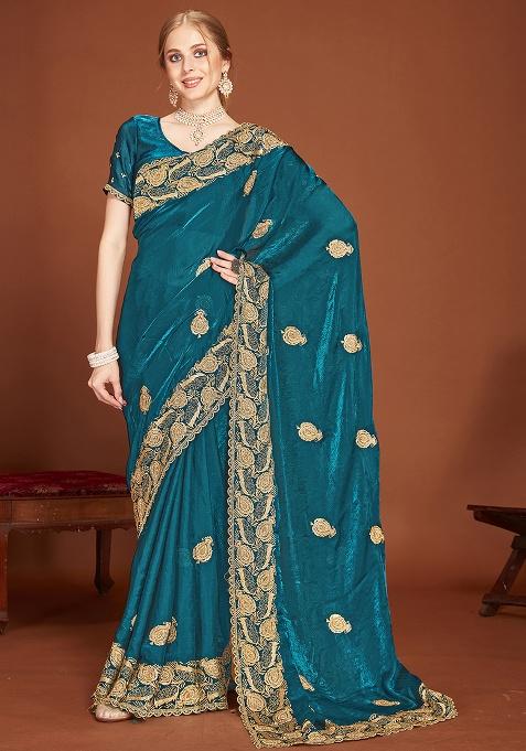 Morpech Embroidery Work Silk Saree Set