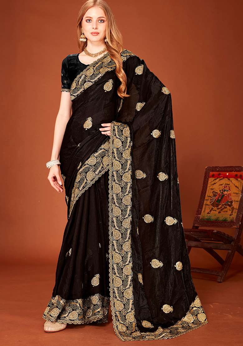 Black Embroidery Work Silk Blend Saree Set - Indya