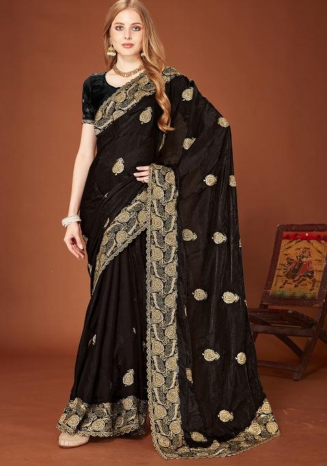Black Embroidery Work Silk Saree Set