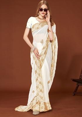 White Embroidery Work Silk Saree Set