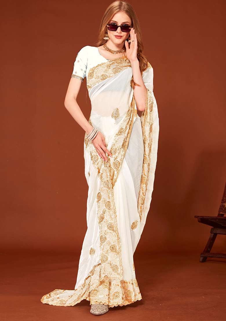 White Embroidery Work Silk Blend Saree Set - Indya