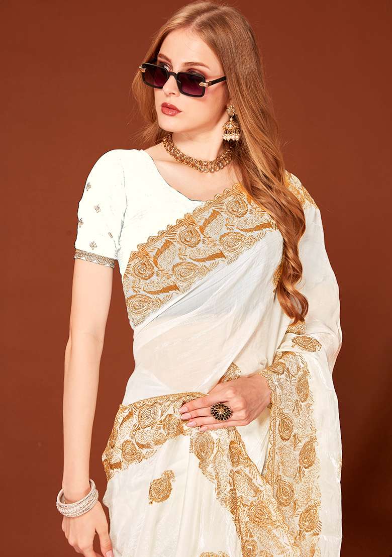 White Embroidery Work Silk Blend Saree Set - Indya