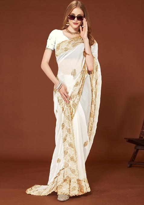 White Embroidery Work Silk Saree Set