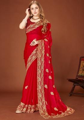 Red Embroidery Work Silk Saree Set
