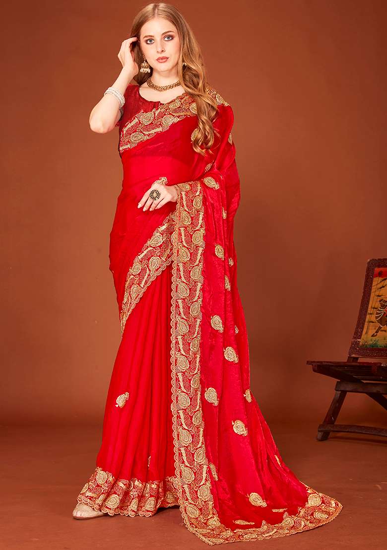Red Embroidery Work Silk Blend Saree Set - Indya