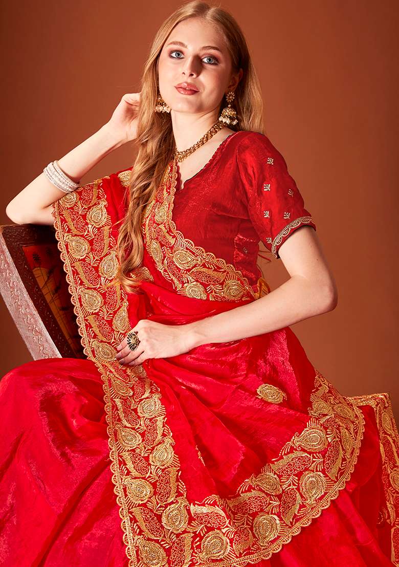 Red Embroidery Work Silk Blend Saree Set - Indya