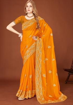 Mustard Embroidery Work Silk Saree Set