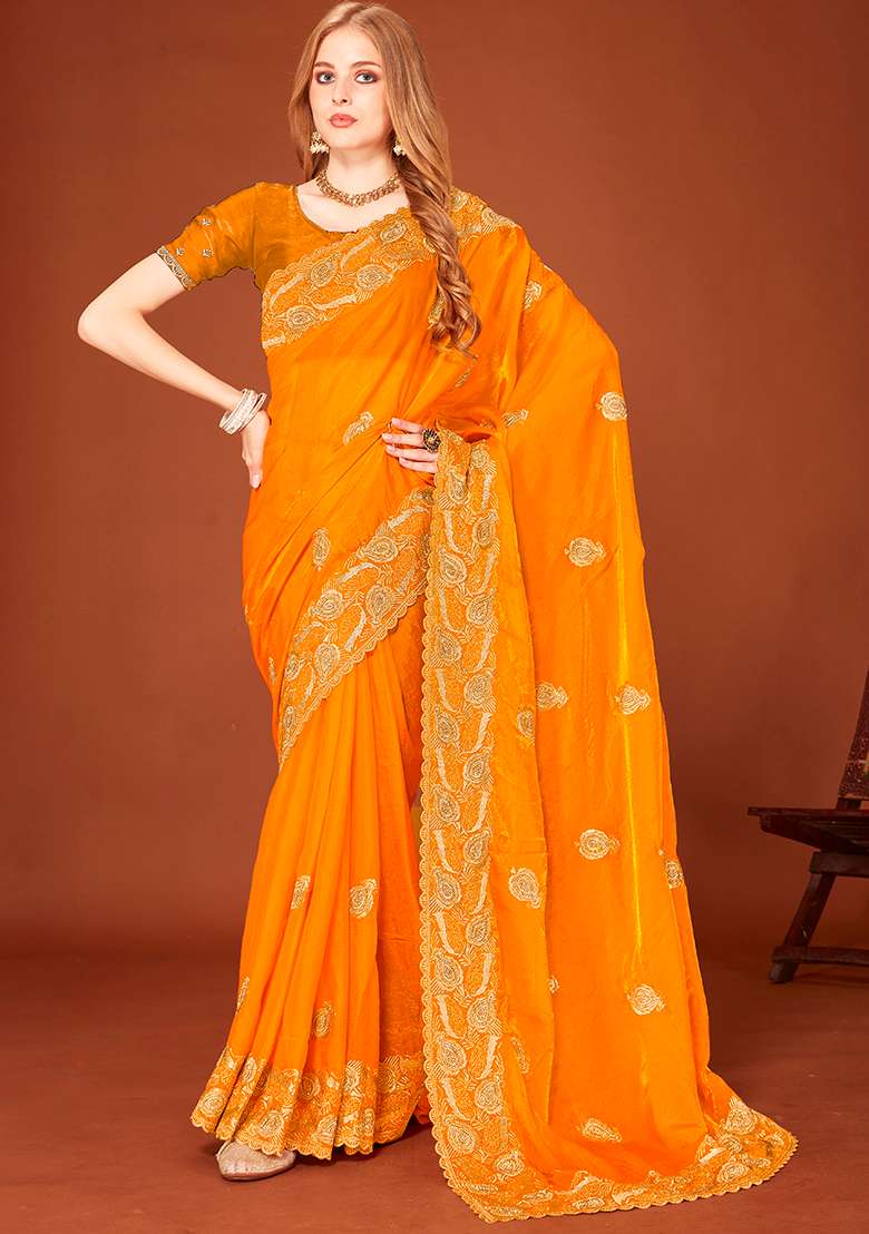 Mustard Embroidery Work Silk Blend Saree Set - Indya