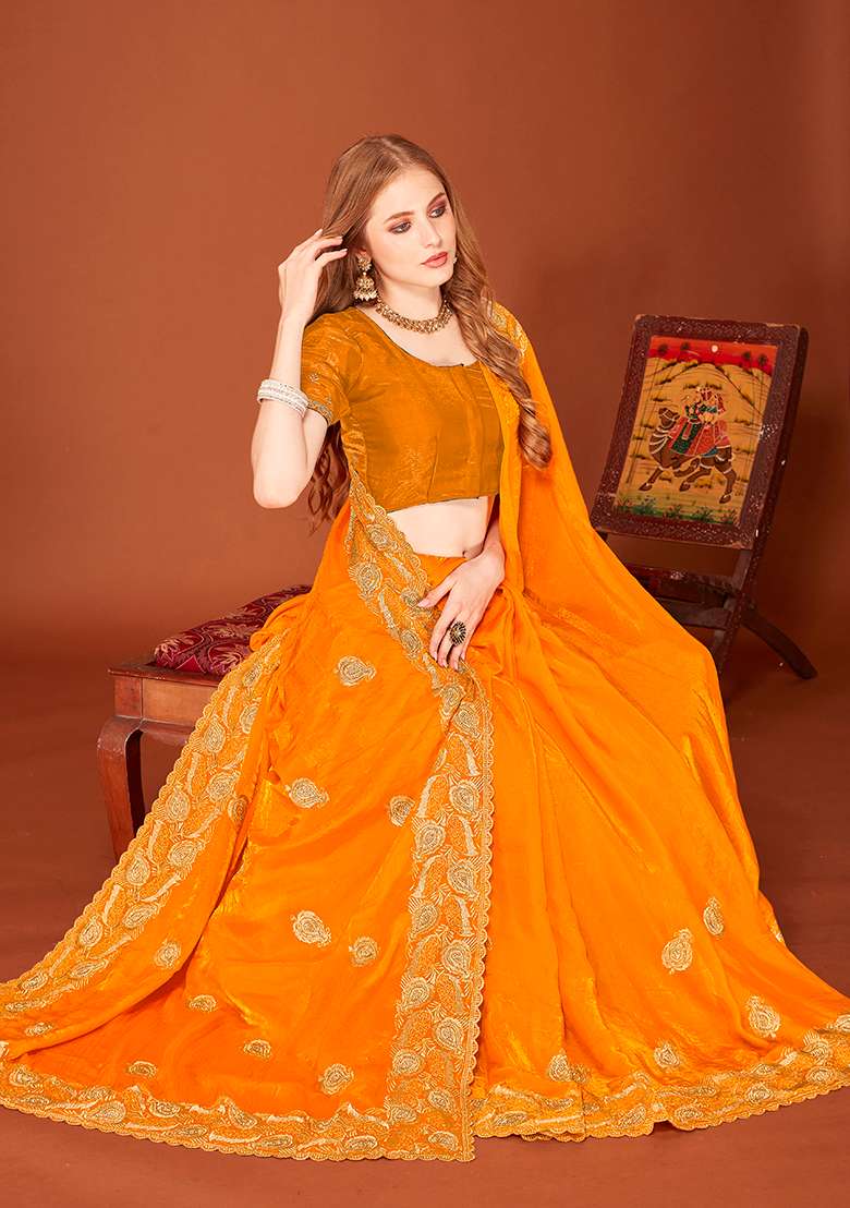 Mustard Embroidery Work Silk Blend Saree Set - Indya