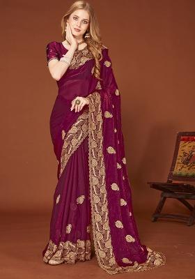 Wine Embroidery Work Silk Saree Set