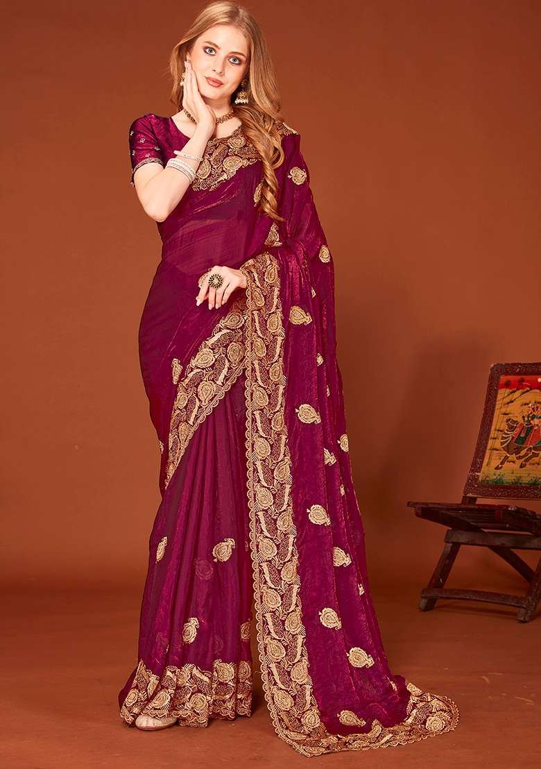 Wine Embroidery Work Silk Blend Saree Set - Indya