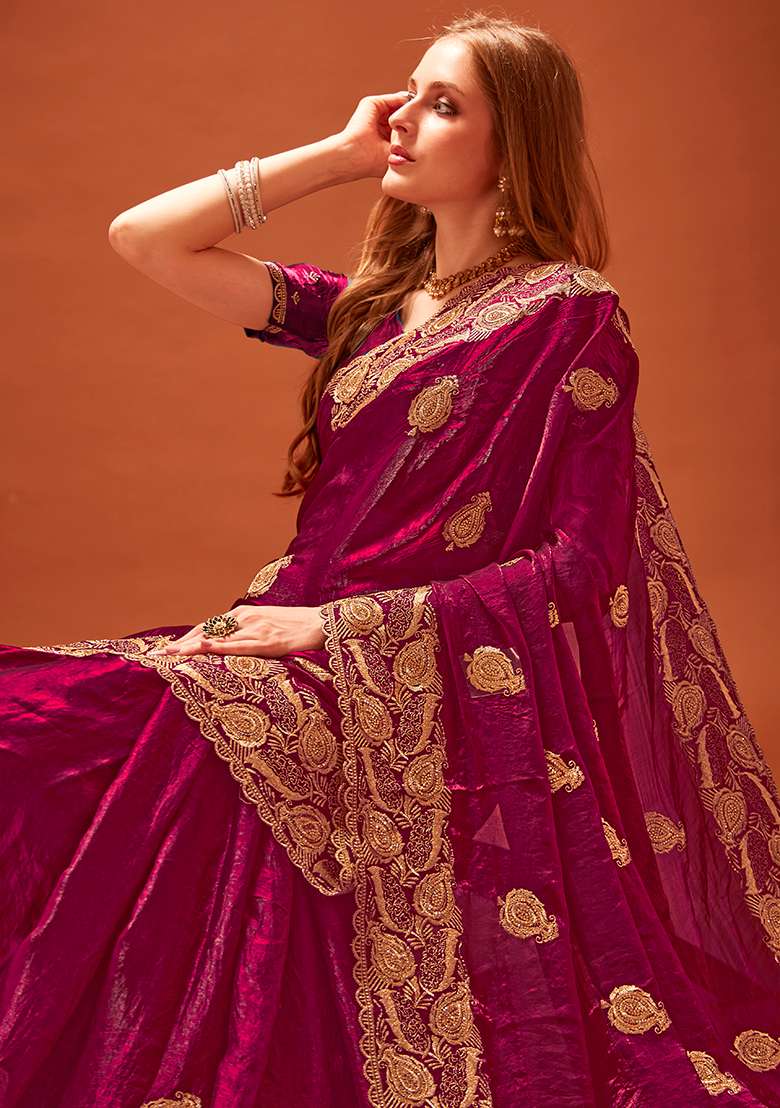 Wine Embroidery Work Silk Blend Saree Set - Indya