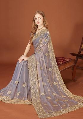 Grey Embroidery Work Silk Saree Set