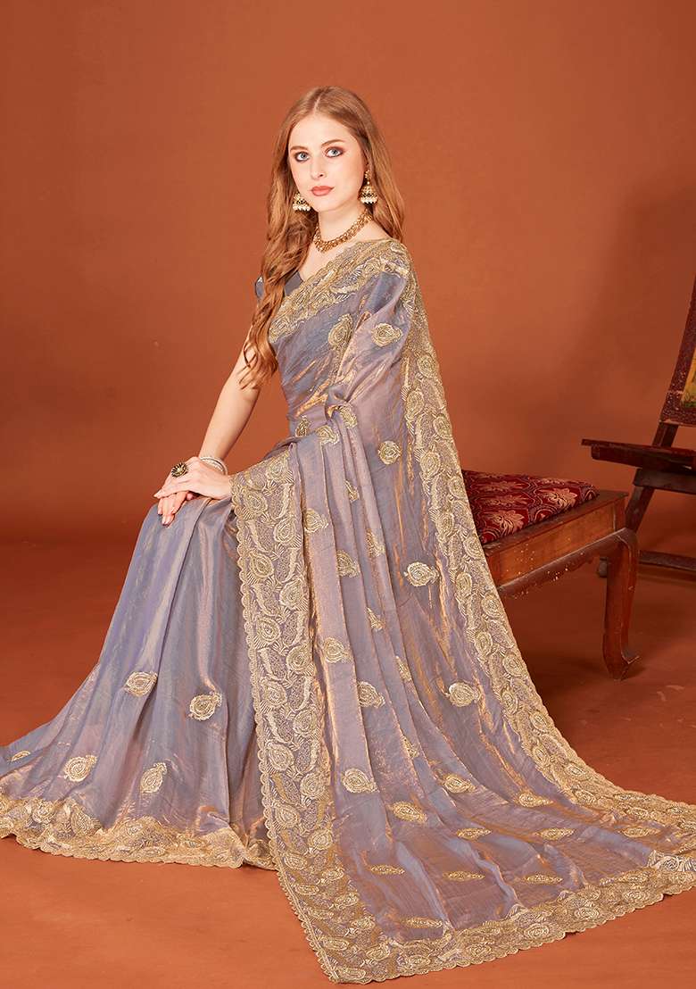 Grey Embroidery Work Silk Blend Saree Set - Indya
