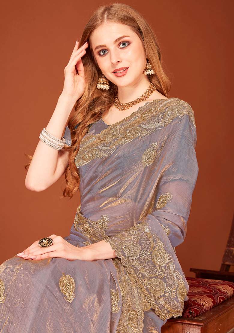Grey Embroidery Work Silk Blend Saree Set - Indya