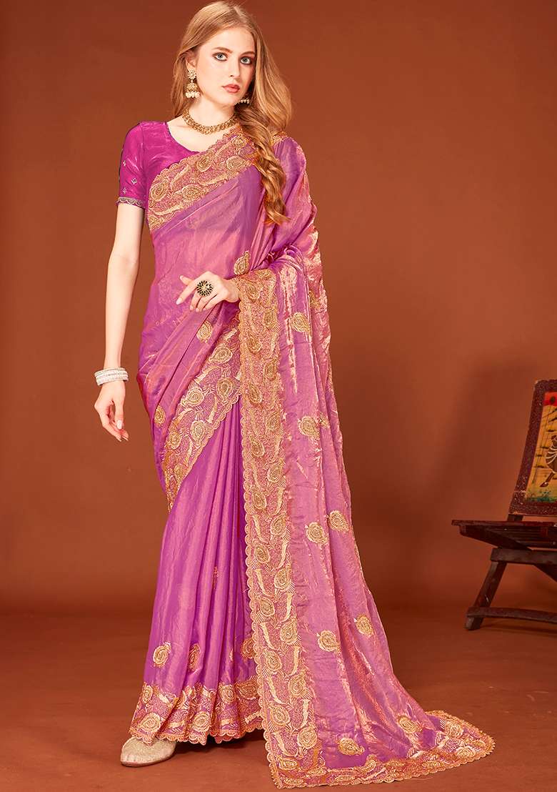 Dusty Pink Embroidery Work Silk Blend Saree Set - Indya