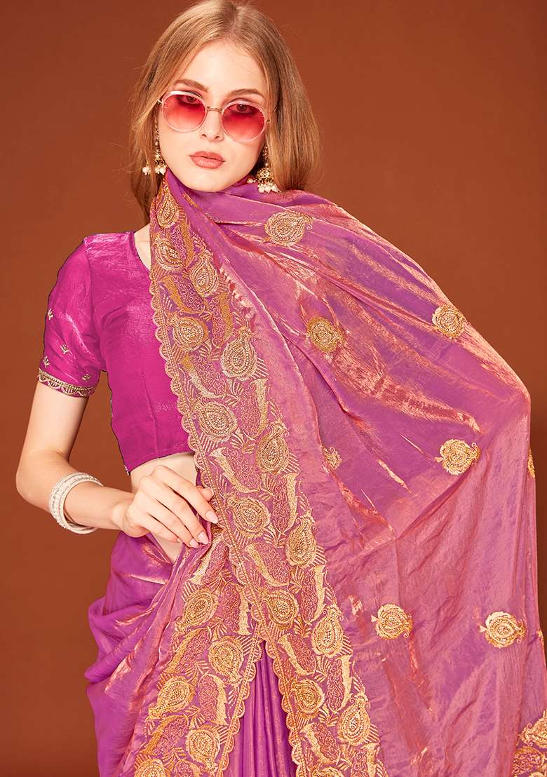 Dusty Pink Embroidery Work Silk Blend Saree Set - Indya