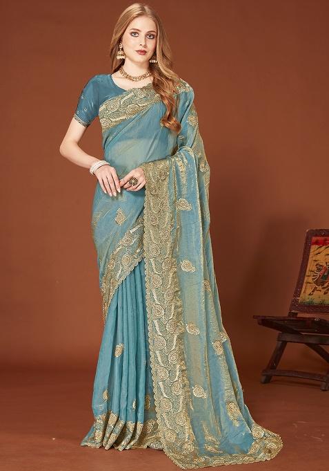 Blue Embroidery Work Silk Saree Set