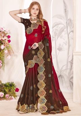 Red Embroidery Work Silk Saree Set