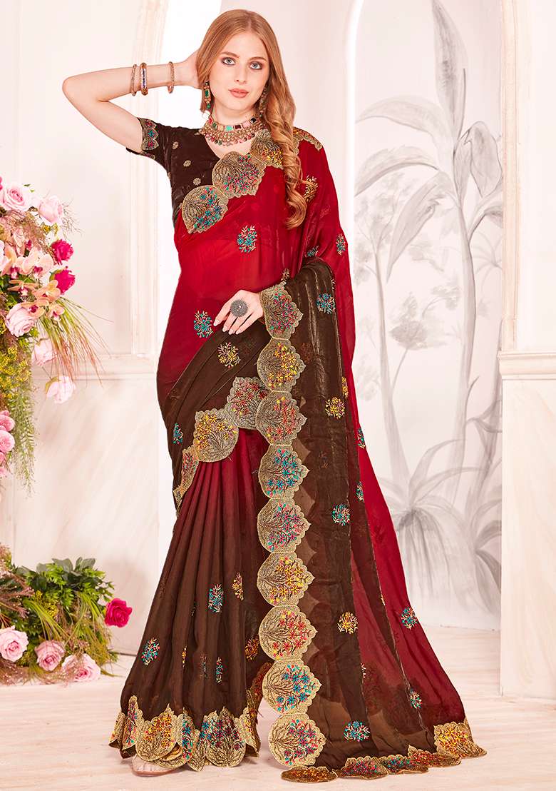 Red Embroidery Work Silk Blend Saree Set for Diwali and Festive Wear - Indya