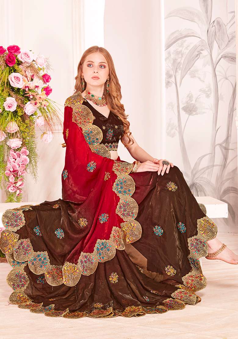 Red Embroidery Work Silk Blend Saree Set for Diwali and Festive Wear - Indya