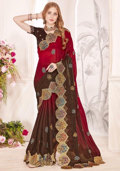 Red Embroidery Work Silk Saree Set