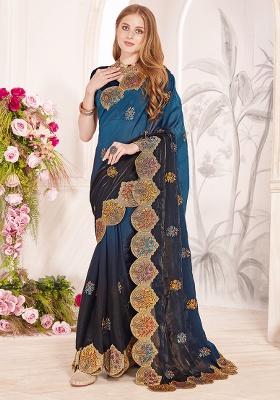 Blue Embroidery Work Silk Saree Set