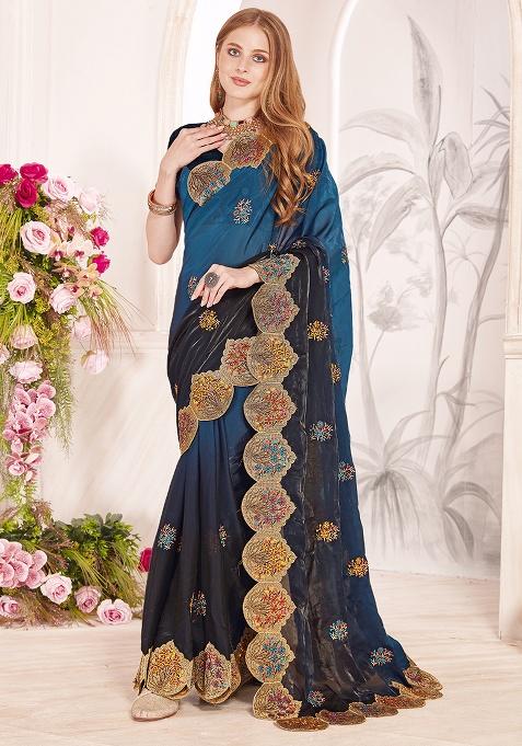 Blue Embroidery Work Silk Saree Set