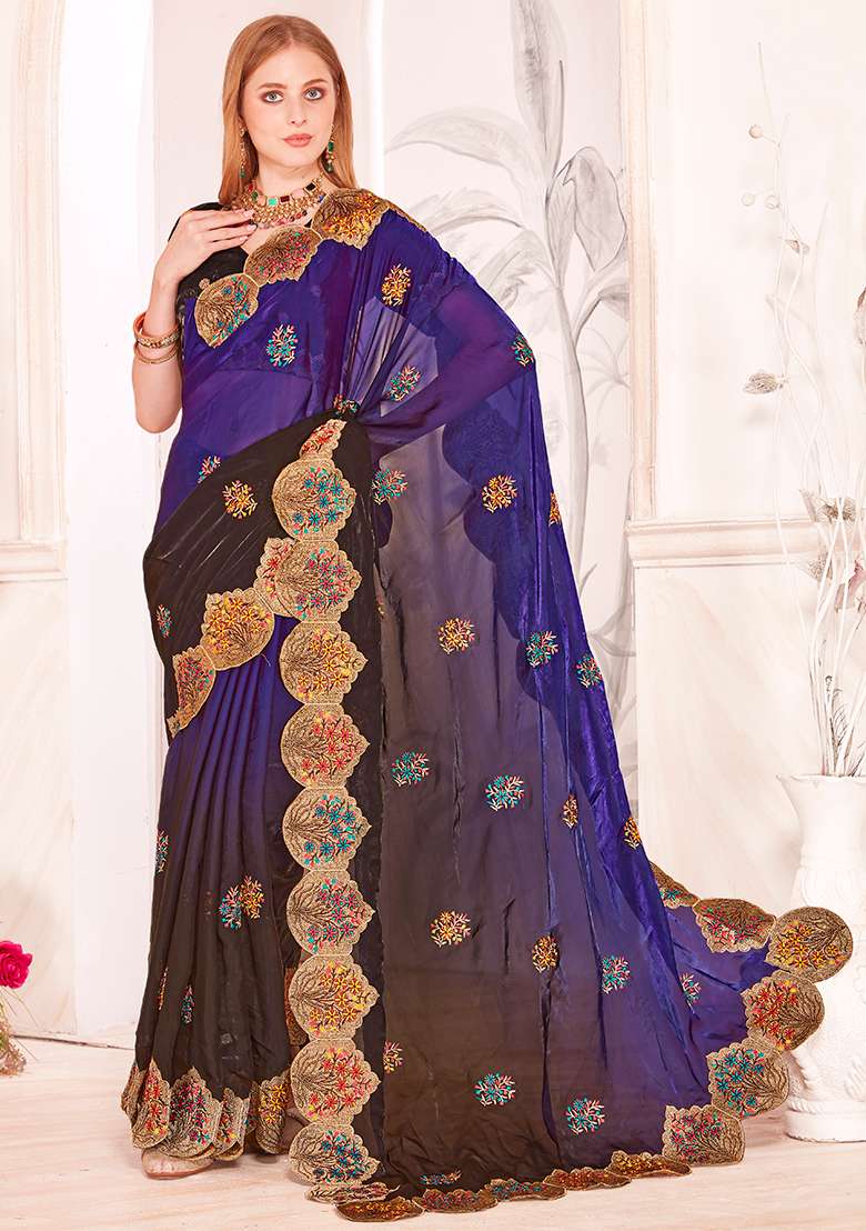 Purple Embroidery Work Silk Blend Saree Set for Diwali and Festive Wear - Indya