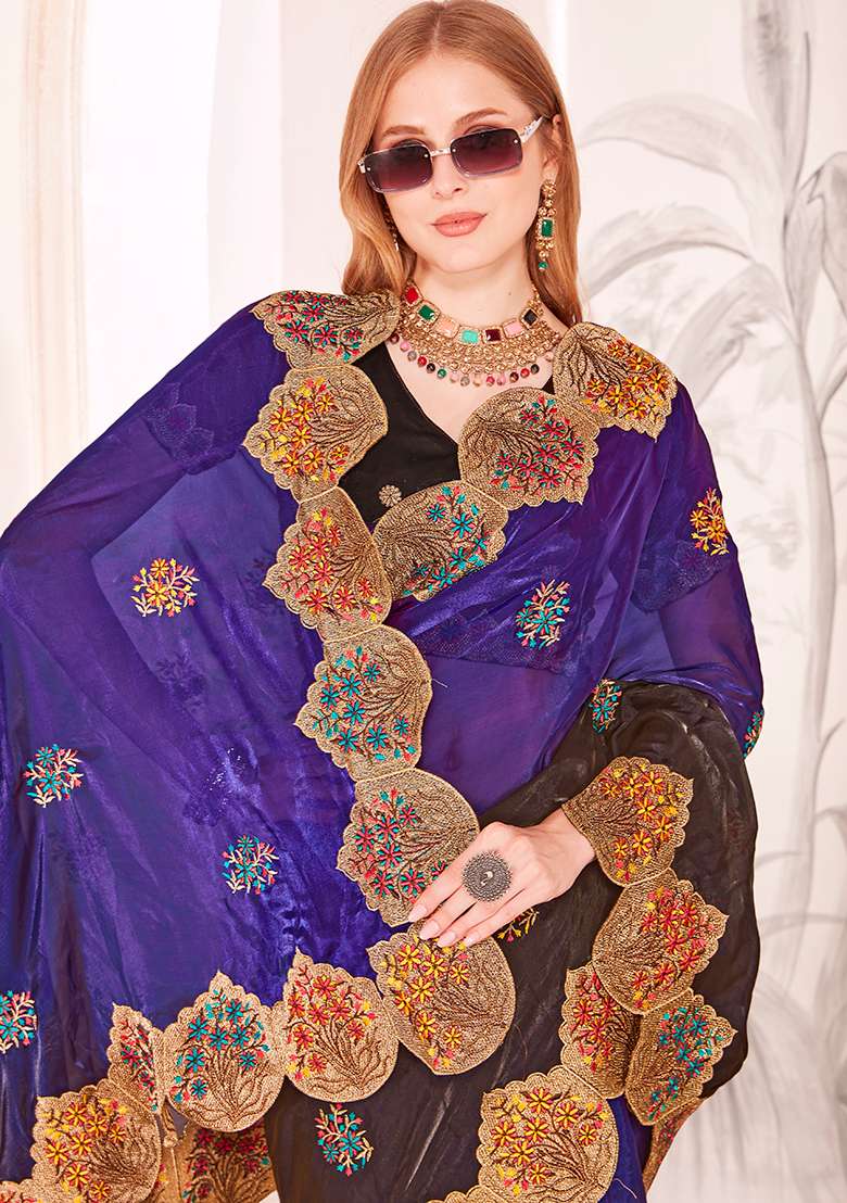 Purple Embroidery Work Silk Blend Saree Set for Diwali and Festive Wear - Indya