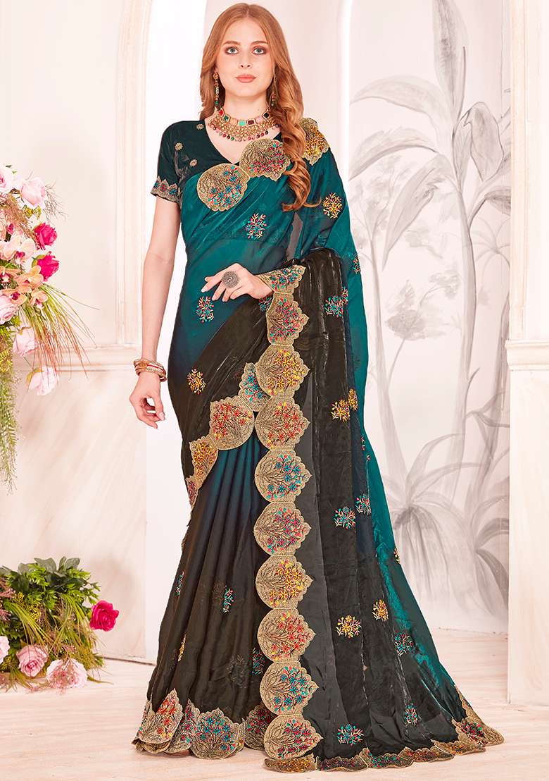 Rama Work Silk Blend Saree Set with Embroidery for Diwali | Wedding & Festive Wear - Indya