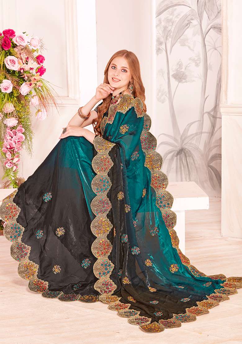 Rama Work Silk Blend Saree Set with Embroidery for Diwali | Wedding & Festive Wear - Indya